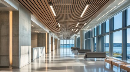 Aufkleber - Modern hallway with large windows, natural light, and minimalist seating.
