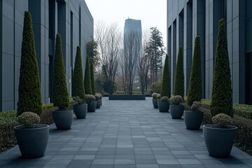 Poster - A modern pathway flanked by neatly trimmed trees and shrubs in a serene urban setting.