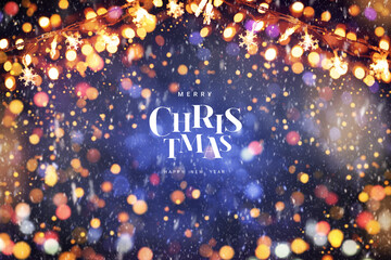 Wall Mural - merry christmas and happy new year, christmas snowflake lights with falling snow and background boke
