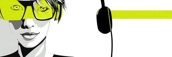 Aufkleber - A stylized illustration of a woman wearing glasses and headphones, emphasizing technology and music.