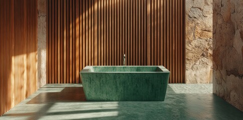 Aufkleber - A modern bathroom featuring a green stone bathtub against wooden and stone walls.