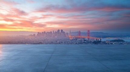 Poster - A stunning sunset view of a city skyline with a bridge and mountains in the background.