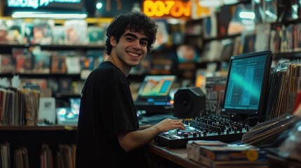 Poster - A young man smiles while working on music production in a vibrant record store.