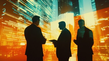 Aufkleber - Silhouetted figures in suits against a vibrant cityscape background, suggesting business discussions.