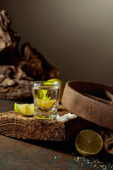 Wall Mural - Tequila with salt and lime slices on a wooden board.