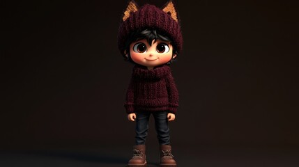 Aufkleber - A cute animated character wearing a cozy sweater and a hat with cat ears.