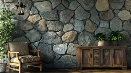 Aufkleber - Cozy interior featuring a stone wall, wooden furniture, and plants for a warm atmosphere.