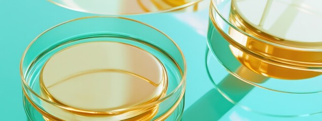 Poster - A close-up of transparent glasses filled with a golden liquid against a turquoise background.