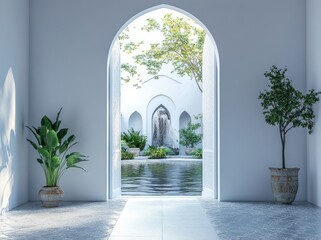 Poster - A serene indoor space with an archway leading to a tranquil garden and water feature.