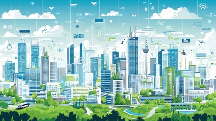 Poster - Futuristic Urban Skyline with Advanced Technology Innovations and Green Spaces in a Modern City Environment