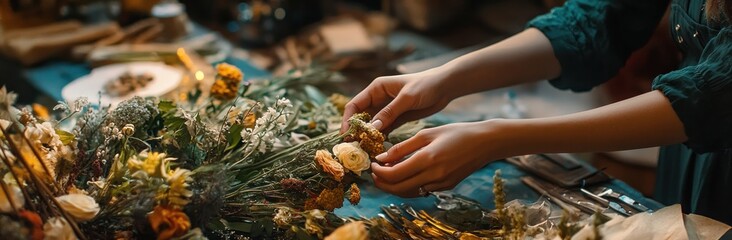Aufkleber - A person arranging dried flowers on a table for crafting or decoration.