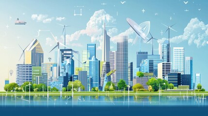 Poster - Modern High-Tech City Featuring Smart Communication Systems and Sustainable Energy Solutions
