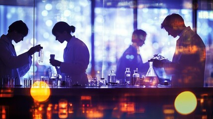 Poster - Scientists working in a laboratory, conducting experiments with glassware and equipment.