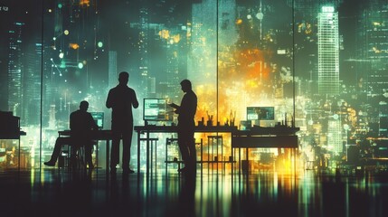 Aufkleber - Silhouetted figures in a futuristic cityscape, engaged in discussion amidst glowing lights.