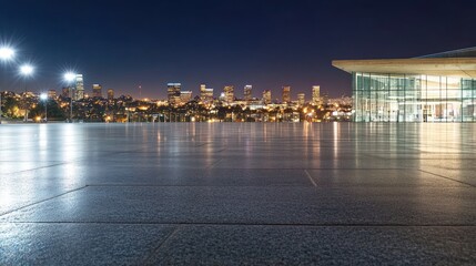 Poster - Night view of a city skyline with a modern building and reflective surface.