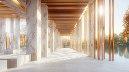 Poster - A serene architectural space with marble columns and wooden accents by a tranquil water view.