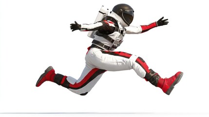 Poster - A person in a futuristic spacesuit leaps dynamically against a white background.