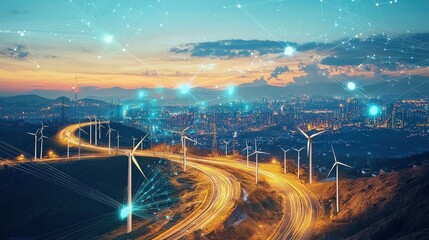 Poster - Integrated Renewable Energy Storage System in Urban Landscape with Wind Turbines and City at Dusk