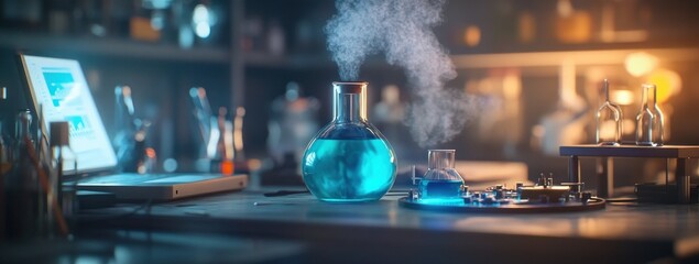 Poster - A laboratory scene with glassware, blue liquid, and steam, indicating scientific experimentation.