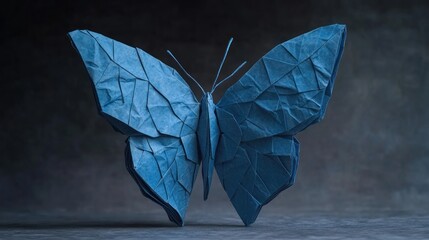 Aufkleber - A beautifully crafted blue origami butterfly, showcasing intricate folds and artistic design.