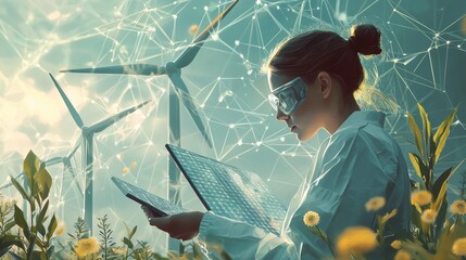 Poster - Researcher Examining Renewable Energy Technologies with Solar Panels and Wind Turbines in Vibrant Landscape
