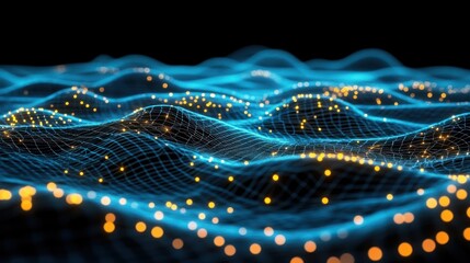 Poster - A digital representation of waves with glowing particles, illustrating data visualization.