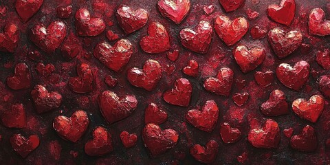 Poster - Collection of textured red hearts arranged artistically on a dark background for celebrations