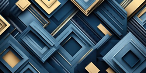 Poster - Stylish geometric pattern in navy blue and gold shades featuring layered squares and lines