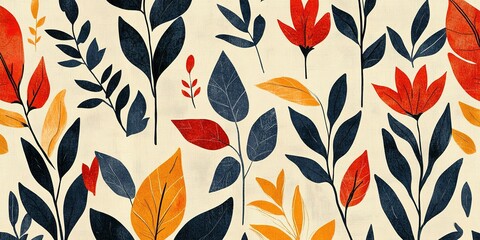 Poster - Colorful floral patterns featuring leaves and blossoms on a cream background for modern design inspiration