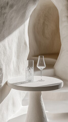 Wall Mural - Elegant Round Ceramic Table with Crystal Water Glass in Minimalist White Setting