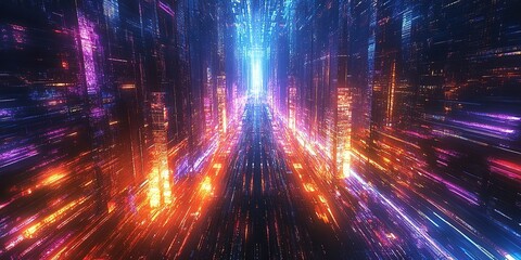 Poster - Vibrant neon lights illuminate a futuristic cityscape filled with abstract patterns and glowing pathways at night