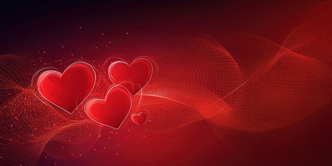 Poster - Colorful hearts floating on a vibrant red background with swirling patterns during a romantic celebration