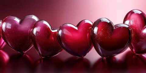 Poster - Heart-shaped glass pieces arranged in a row with soft lighting creating a romantic atmosphere in a studio setting