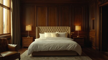 Poster - Luxurious bedroom interior showcases a plush bed with a tufted headboard, warm wooden paneling, and stylish decor, creating a serene and inviting atmosphere perfect for relaxation
