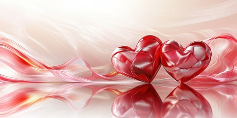 Poster - Two red hearts on a reflective surface with flowing pink ribbons in a soft light setting