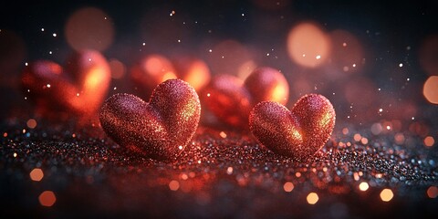 Poster - Sparkling red hearts on a shimmering surface create a romantic atmosphere for celebrations and special occasions