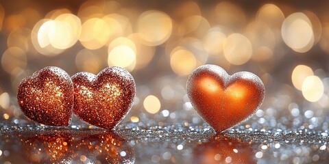 Poster - Sparkling decorative hearts on a glittery surface with golden bokeh background during evening celebration