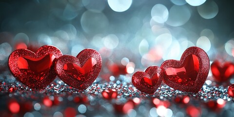 Poster - Colorful red heart decorations sparkle against a shimmering background during a romantic celebration atmosphere