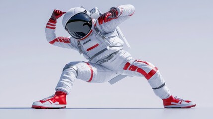 Fototapete - A dynamic astronaut in a futuristic suit striking a powerful pose against a minimalist background.