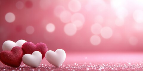 Poster - Collection of colorful hearts arranged on a sparkling surface with a soft pink background and bokeh effect