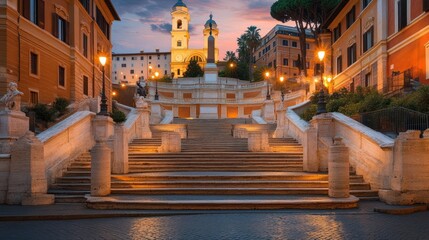 Poster - A scenic view of a staircase leading to a church at dusk, illuminated by street lamps.