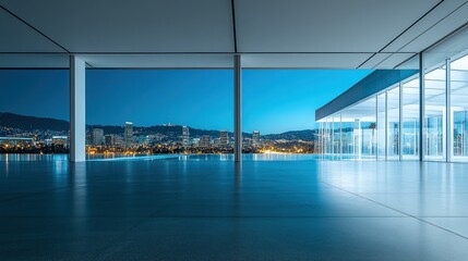 Aufkleber - Modern architectural space with city skyline view at dusk.