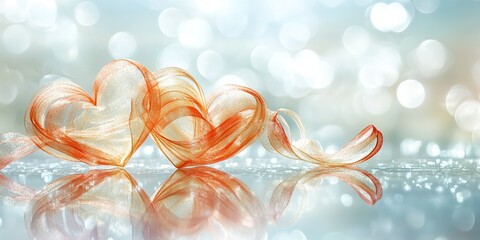 Poster - Decorative red hearts with ribbons reflecting on shiny surface during festive celebration