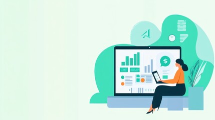 Aufkleber - A woman analyzes financial data on a laptop, surrounded by charts and graphs.
