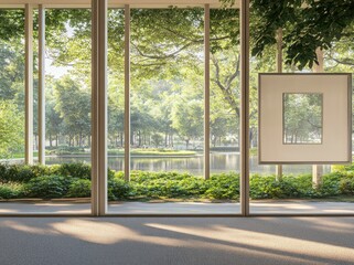 Leinwandbilder - A serene indoor space with large windows overlooking a lush landscape and tranquil water.