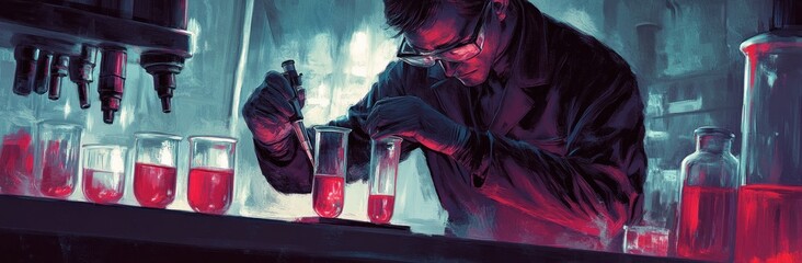 Poster - A scientist conducts experiments with colorful liquids in a laboratory setting.