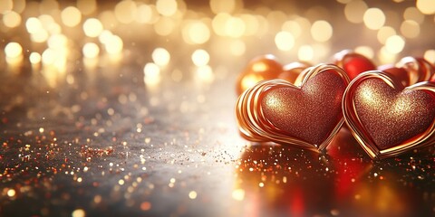Poster - Heart-shaped decorations glimmering on a table with soft golden lights for a romantic celebration