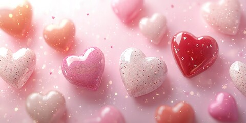 Poster - Colorful heart shapes scattered on a soft pink background create a romantic atmosphere for special occasions