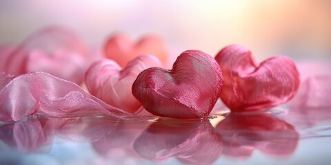 Poster - Colorful fabric hearts arranged on a reflective surface with soft lighting during a romantic setting