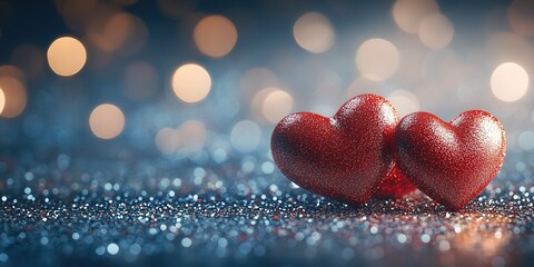 Poster - Red glitter hearts shine against a sparkling background during a romantic celebration in a softly lit atmosphere